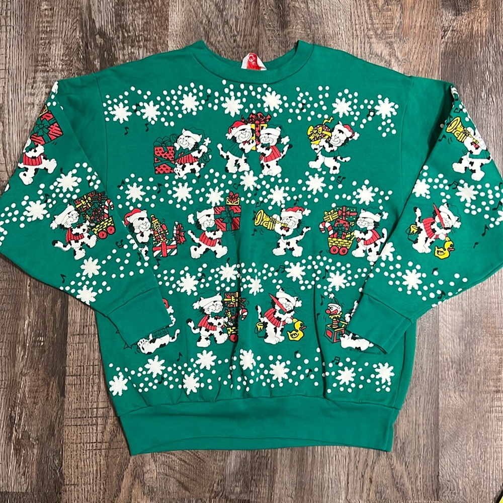 Vintage Ugly Christmas Sweater Crewneck Sweatshirt Green Holiday Cats - W M